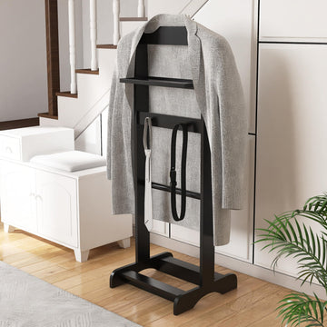 Suit Valet Stand for Men, Wooden Clothes Rack with Tray, Black
