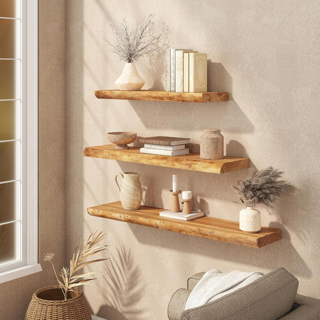 Floating Shelves Set of 2, Solid Elm Wood 24 Inch Wall Shelving | Natural Live Edge Grain, Heavy Duty Hidden