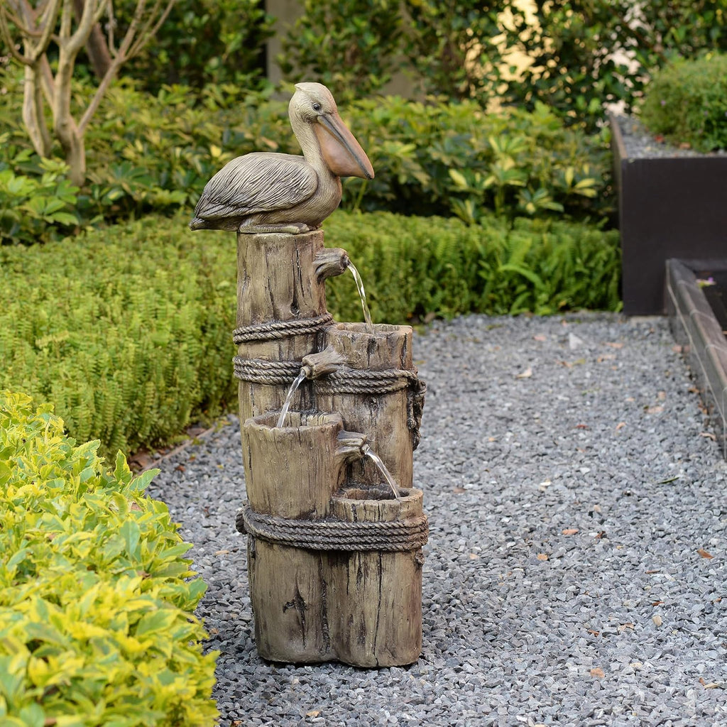 35.42" 4-Tier Pelican and Driftwood Pier Post Outdoor Cascading Water Fountain, Brown