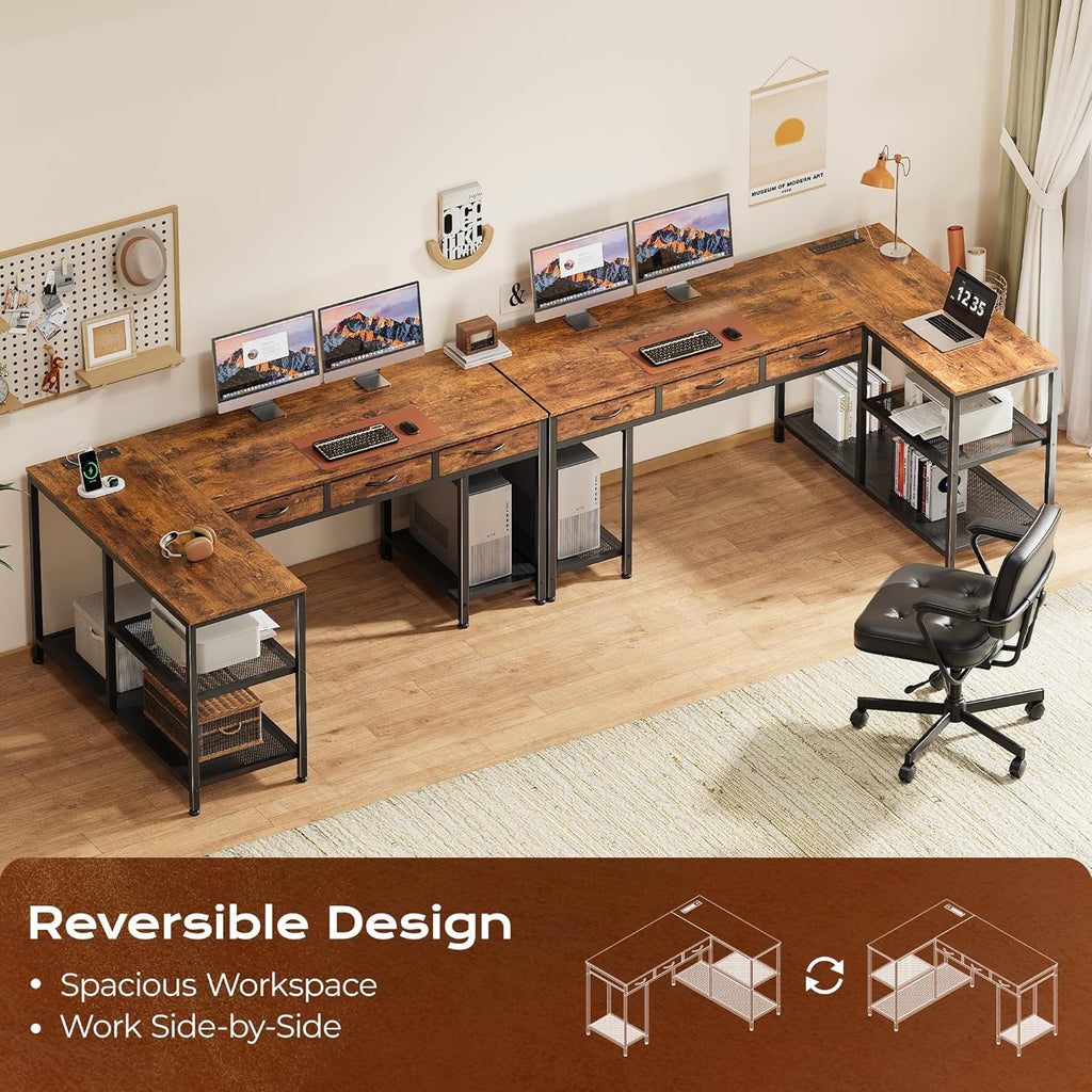 55 Inch L Shaped Office Desk with Power Outlets and Type-C Port, Large Computer Gaming Desk with 3 Fabric Drawers