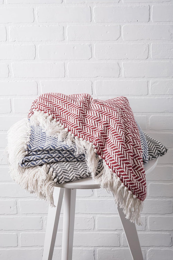Modern Farmhouse Cotton Herringbone Blanket Throw with Fringe for Chair, Couch, Picnic, Camping, Beach, & Everyday