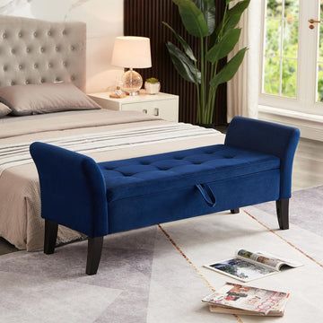 Storage Ottoman Bench, Velvet Benches End of Bed Bench with Solid Wood Legs Upholstered Ottoman with Storage Indoor