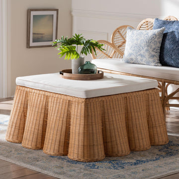 Palm Scallop Natural Rattan Ottoman with Cushion - Handwoven Wicker Accent Bench or Footrest, or Sunroom Decor