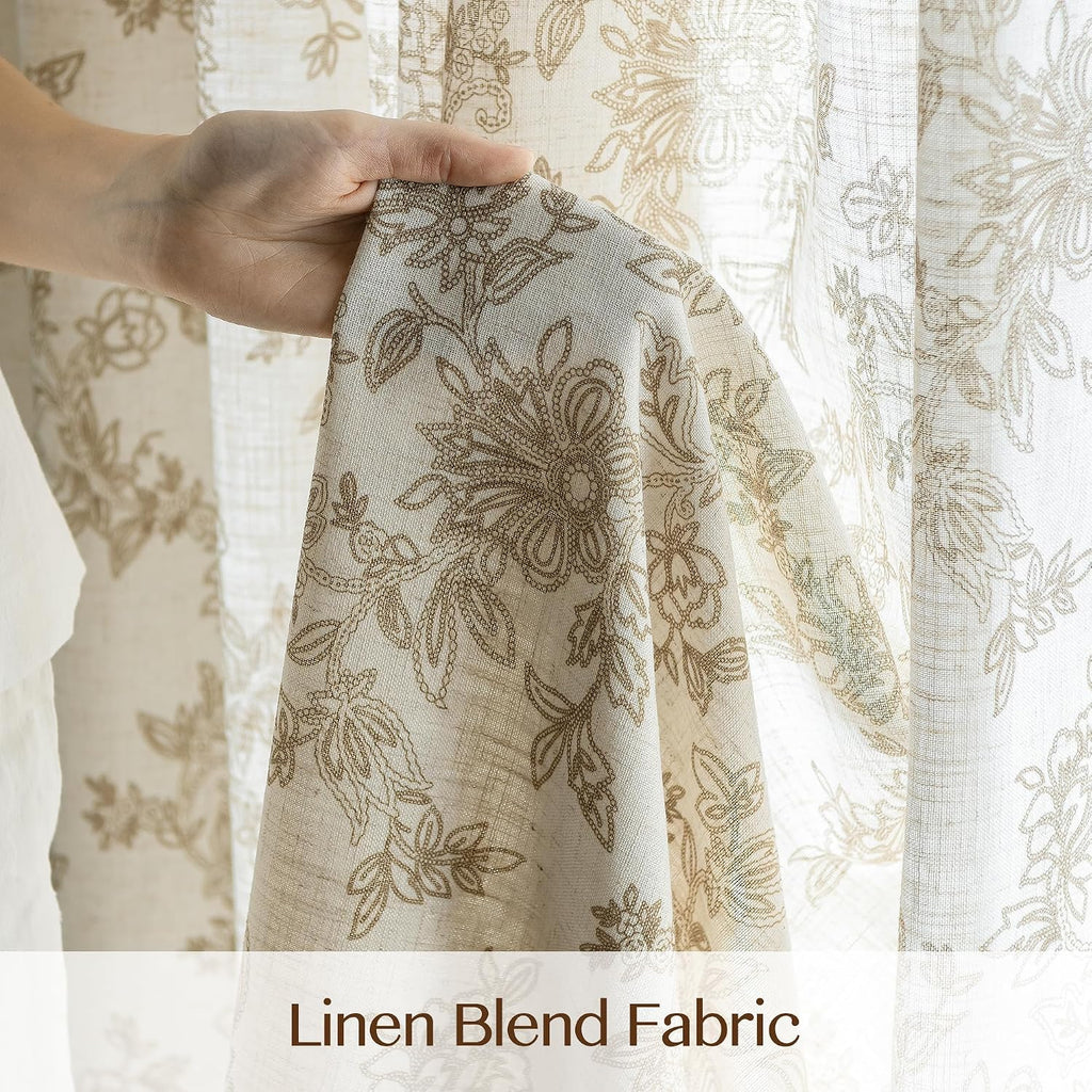 Pinch Pleated Sheer Floral Curtains - Luxury Linen Blend Light Filtering Beige Drapes Living Room - 108" Farmhouse