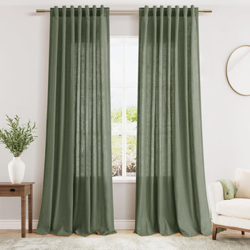 Extra Long Curtains 2 Panels 102 Inches Long Olive Green Back Tab Rod Pocket Light Filtering Semi Sheer Drapes Cotton