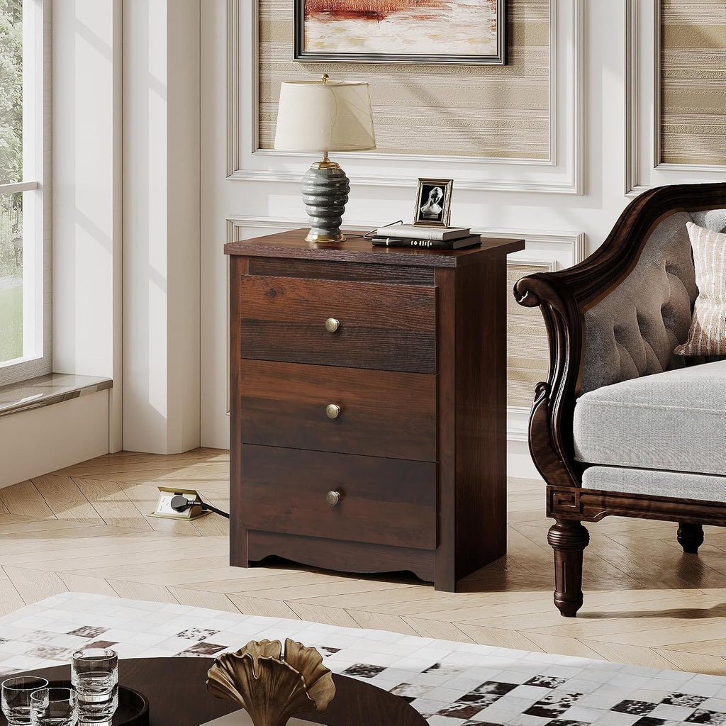 Tall Nightstand with Charging Station, Wood Night Stand with 3 Drawers Storage, Bedside Table End Side Tables with 2