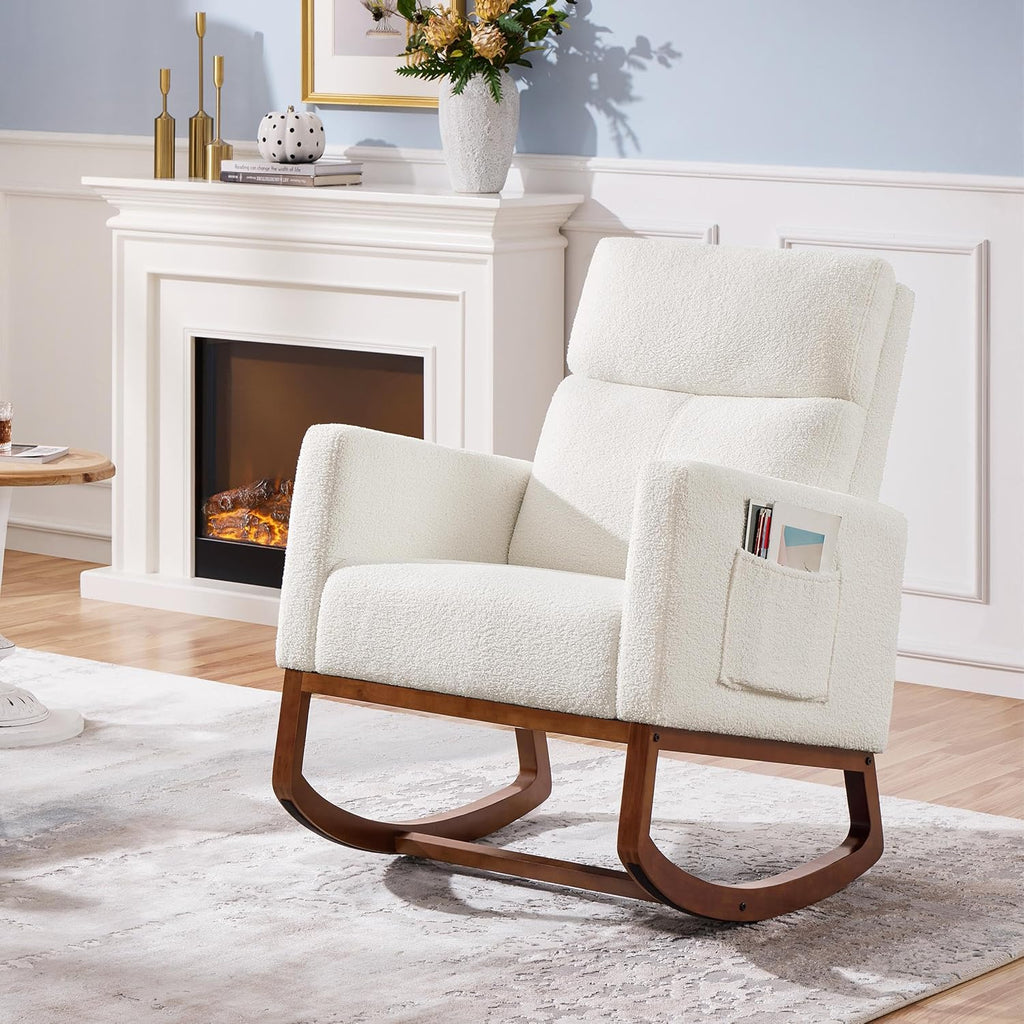 28in Wide Padded High Back Nursery Rocking Chair, Ivory Boucle | Thick Foam Glider Chair, Nursing Chair with High