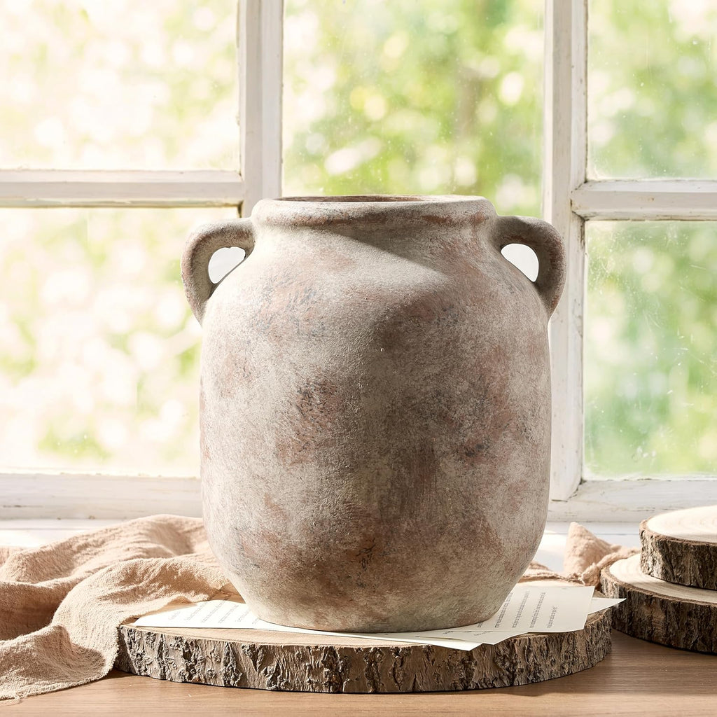 Ceramic Flower Vase Home Decor - 7.6 Inch Farmhouse Rustic Table Vases with Handle Living Room Decoration Decorative