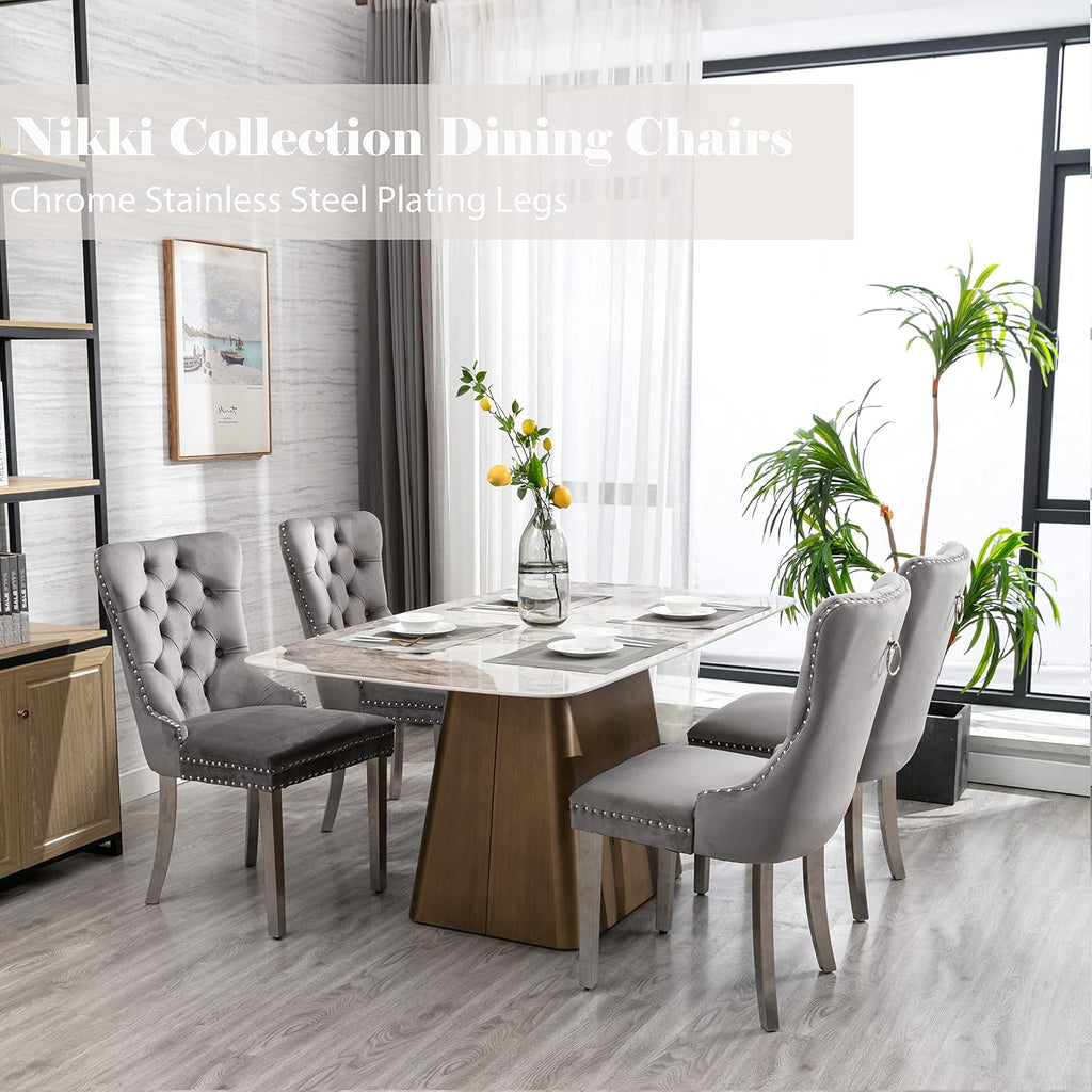 Grey Velvet Dining Chairs Set of 4, Tufted Back, Silver Metal Legs | Ring pull; wing back; nailhead trim; spring and