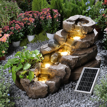 38.2" L Solar Water Fountain Outdoor,5-Tier Rock Waterfall Fountains Solar Powered Floor Standing Outdoor Water