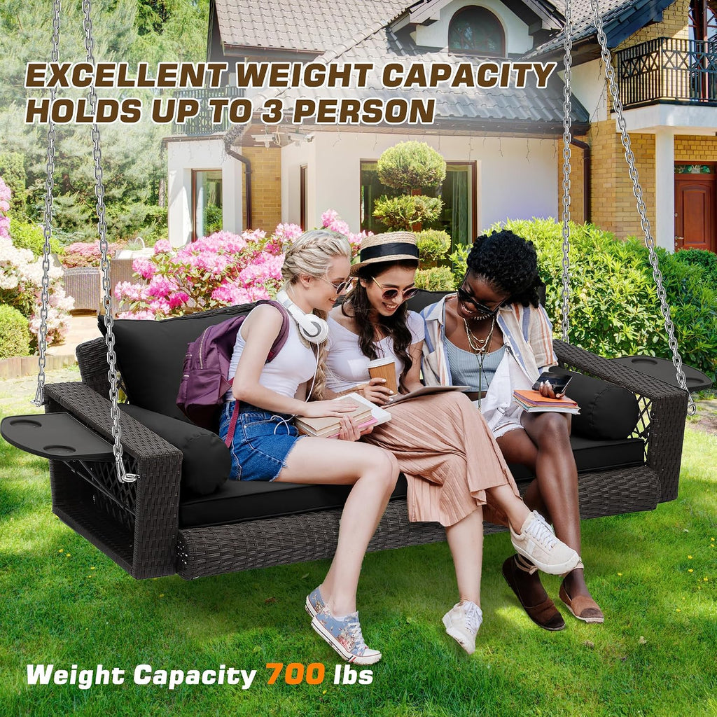 Wicker Hanging Porch Swing - Outdoor 3 Person Patio Swing Bench with Cushion & Chains - 3-Seat Porch Swing Chair with