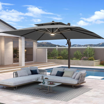10 X 13 FT Cantilever Patio Umbrella with Base Included & Led Lights Outdoor Rectangle Offset Large Double Top Heavy - G
