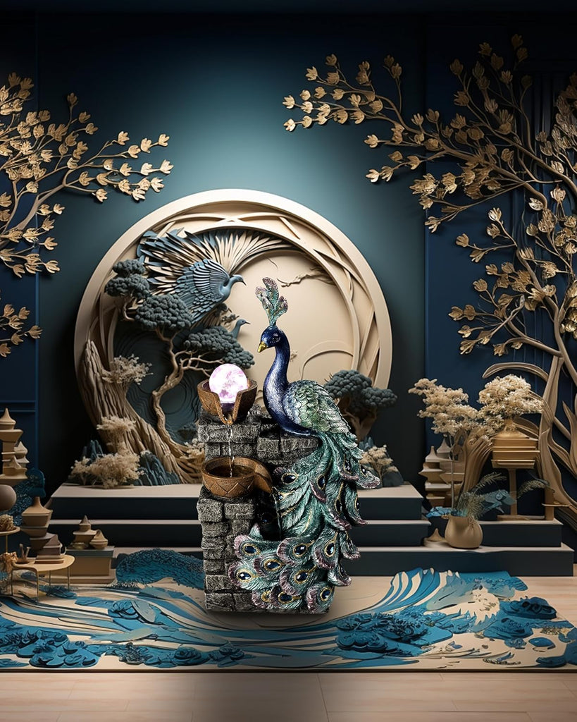 Tabletop Water Fountain Decor, Peacock with LED Glass Color Changing Globe,Relaxation Decorative Desktop Water Zen