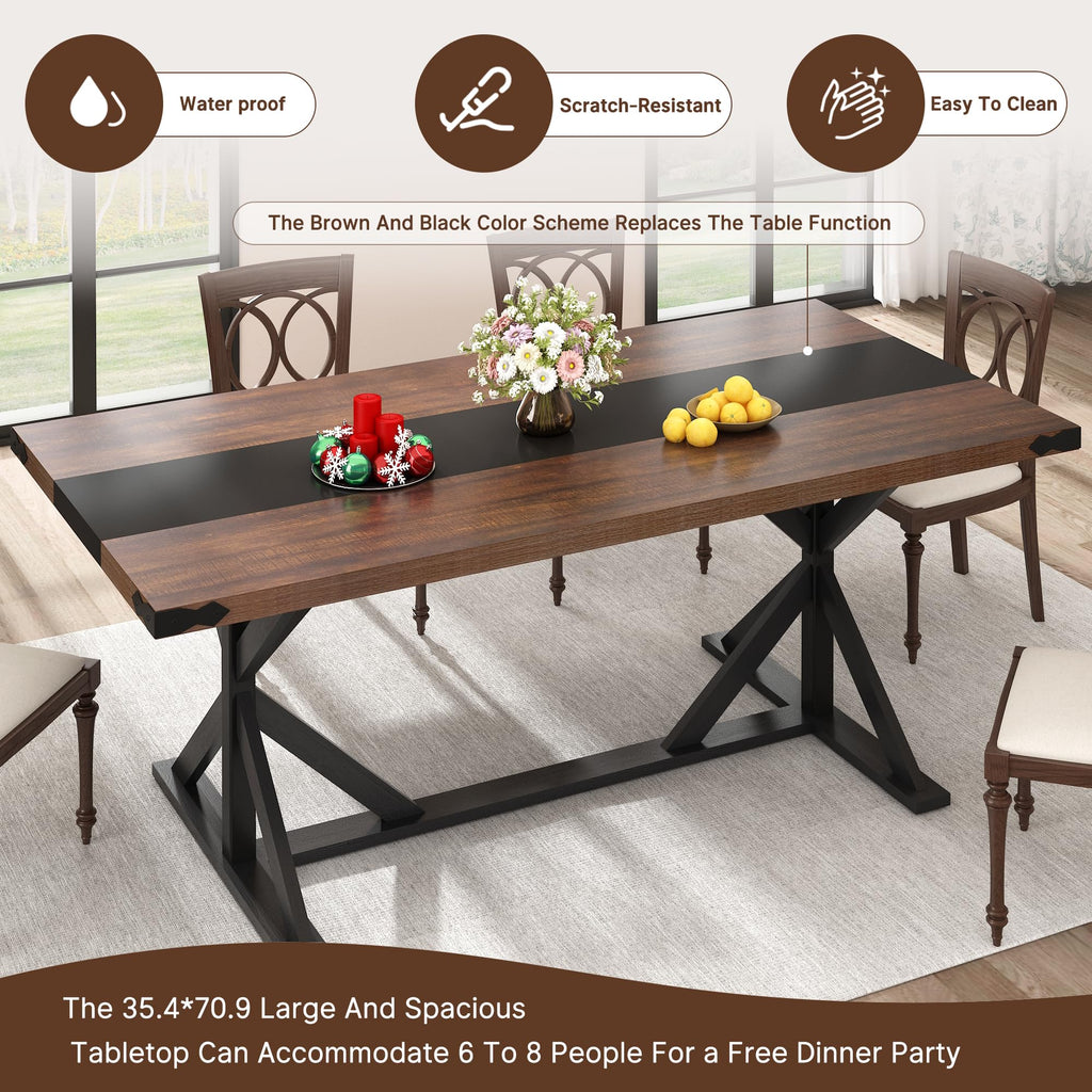 71 Inch Dining Table for 6 People, Rectangular Kitchen Farmhouse Table W/Thickness Waterproof Wood Tabletop, Long