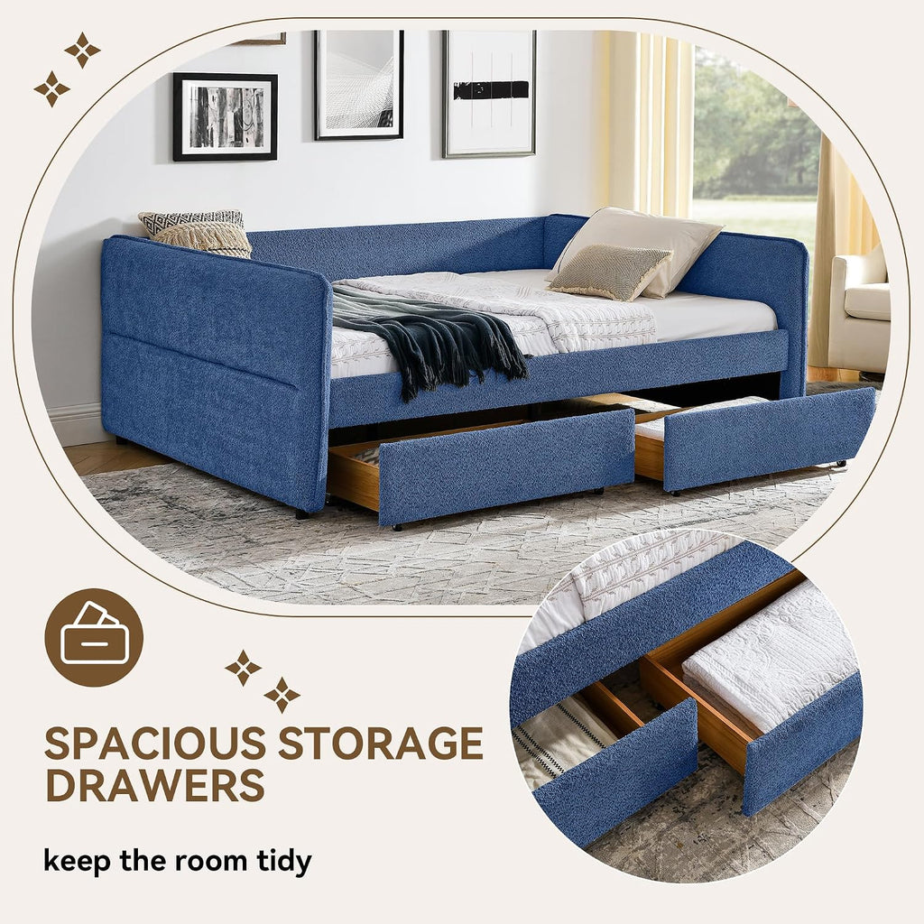 Queen Daybed with 2 Storage Drawers, Boucle Upholstered Daybed Frame with Tufted Design, Queen Size Storage Daybeds