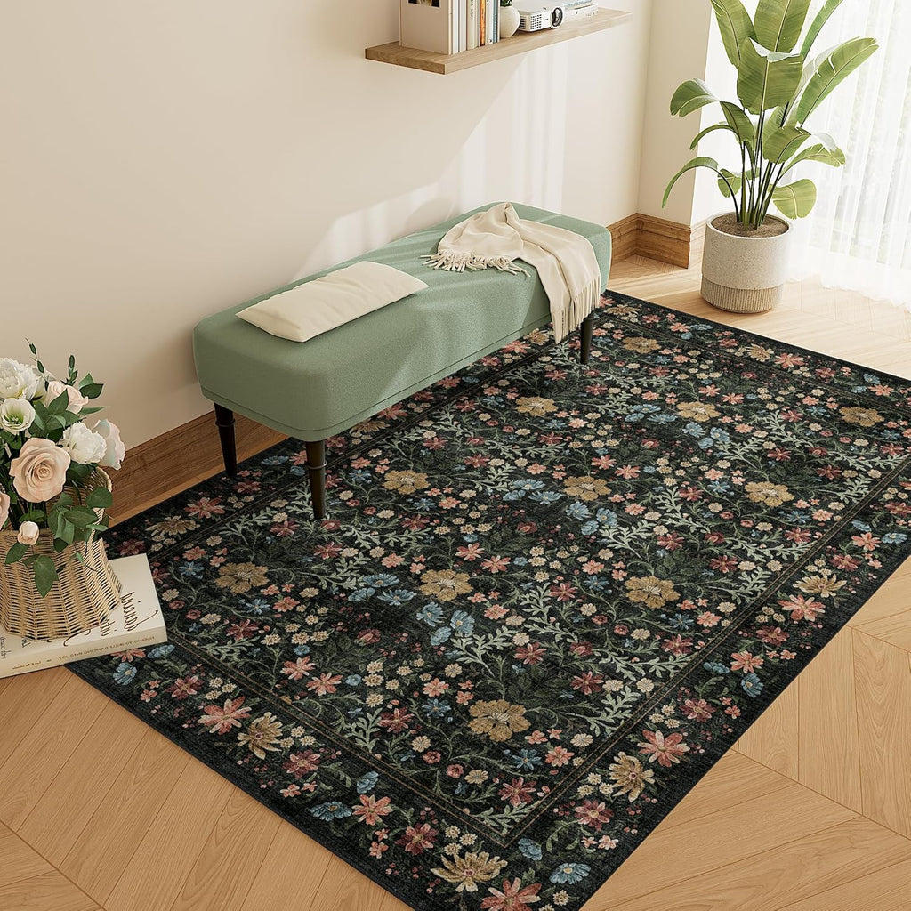 3x5 Area Rug, Vintage Floral Washable Rug for Bedroom with Non Slip Design, Soft Low Pile Indoor Sma