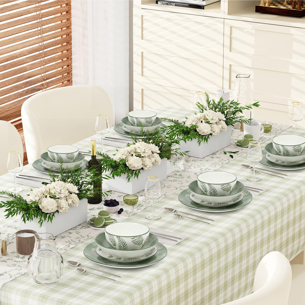 16 Pcs Porcelain Green Dishes dinnerware set for 4 With Pasta bowl