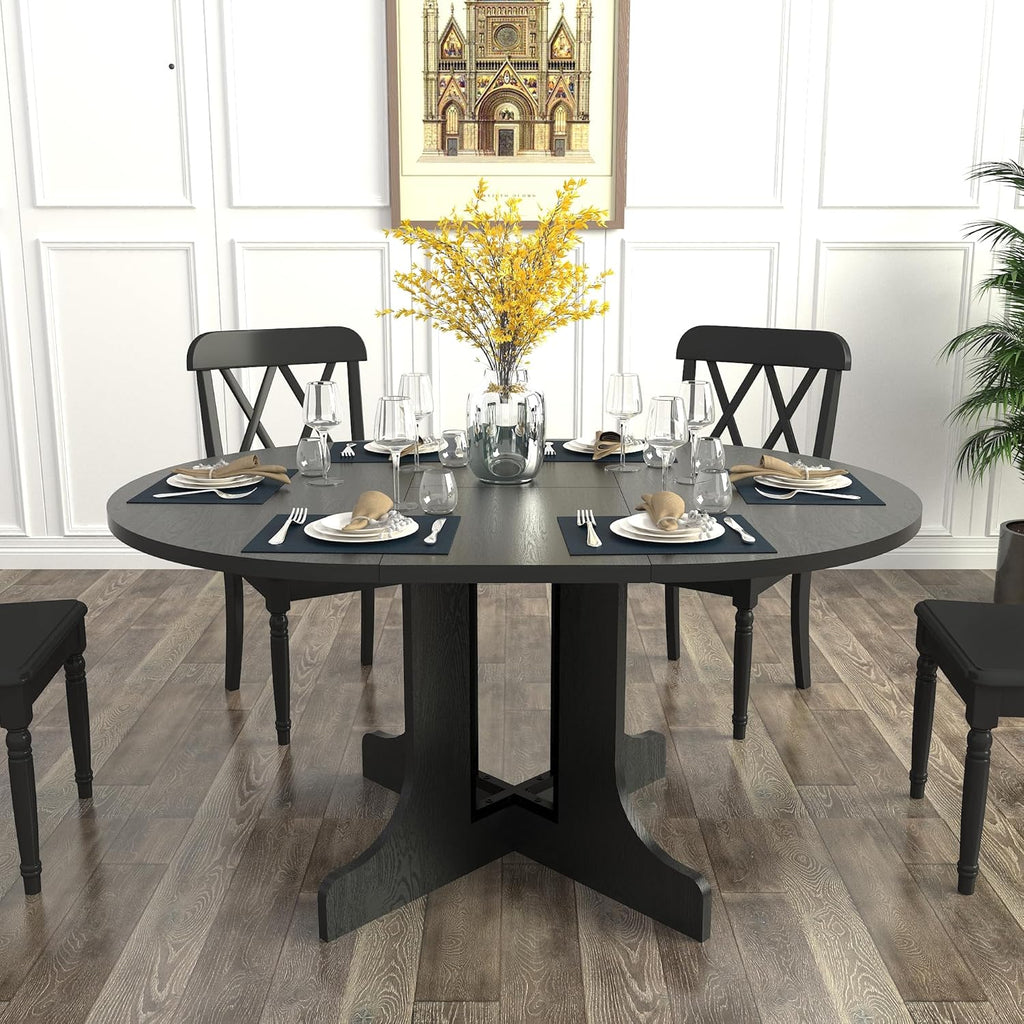 Extendable Round Dining Table for 4-6,43.3-59" Transformer Kitchen Table W/Removable Leaf Trestle & X-Shaped