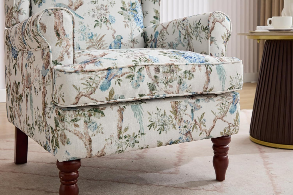 Modern Wingback Accent Chair with Solid Wood Legs and Cushion, Comfy Upholstered Floral Pattern Armchair, Retro