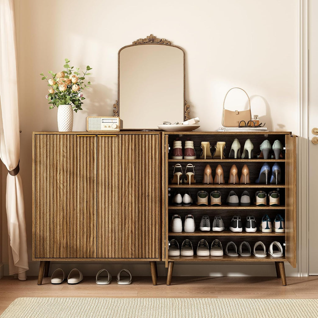 Fluted Shoe Cabinet with Doors, 5-Tier Shoe Storage Cabinet with Adjustable Shelves, Wooden Freestanding Shoe