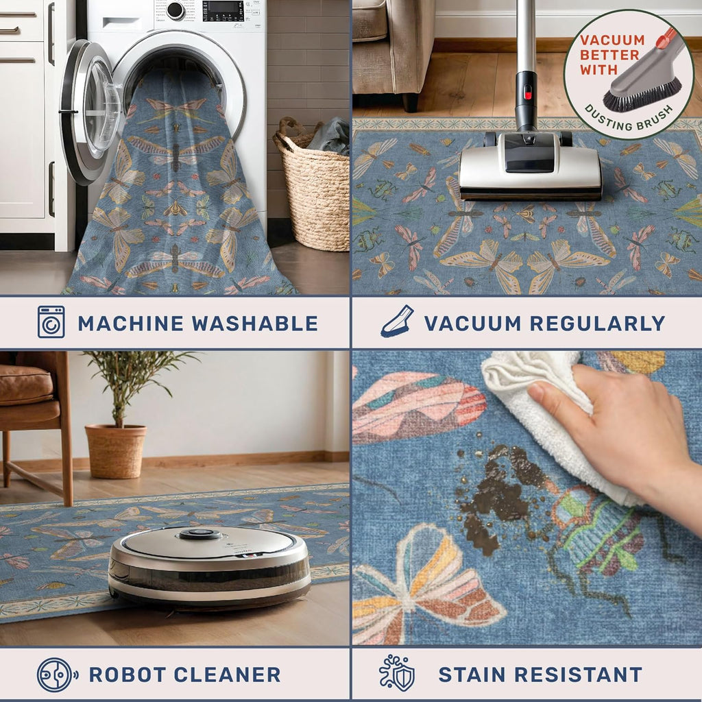 Blue Washable Kids Playroom Rug - 5x7 Area Rugs Baby Boy, Bedroom, Living Room, Toddler Boy Room Decor, Cute Animals