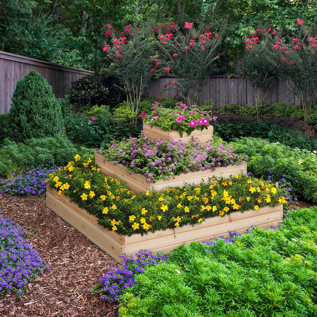 3 Tier Wooden Raised Garden Bed Open-Bottom Planter Box, 1Pcs | 3-tier planter saves space, open-bottom for deep