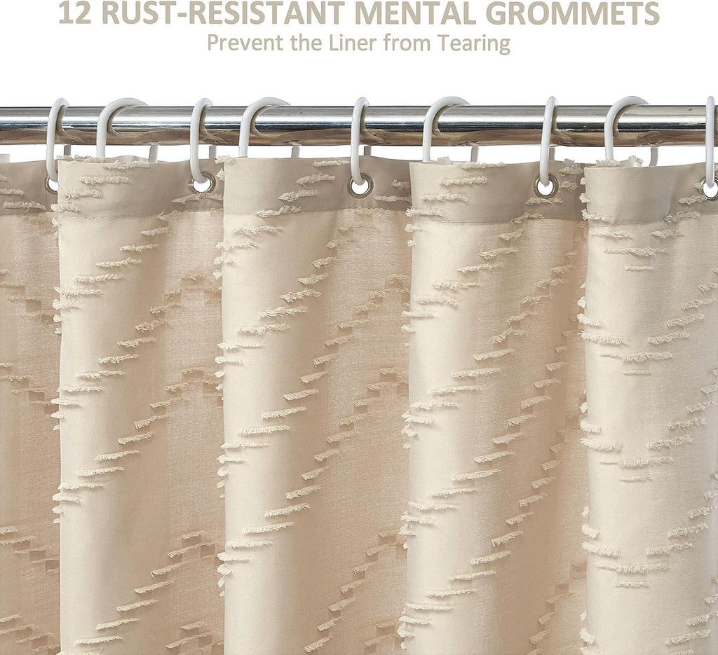 Boho Farmhouse Shower Curtain Woven Fabric Cute Beige Shower Curtain, 72 x 72 Tufted Chevron Textured Striped Modern