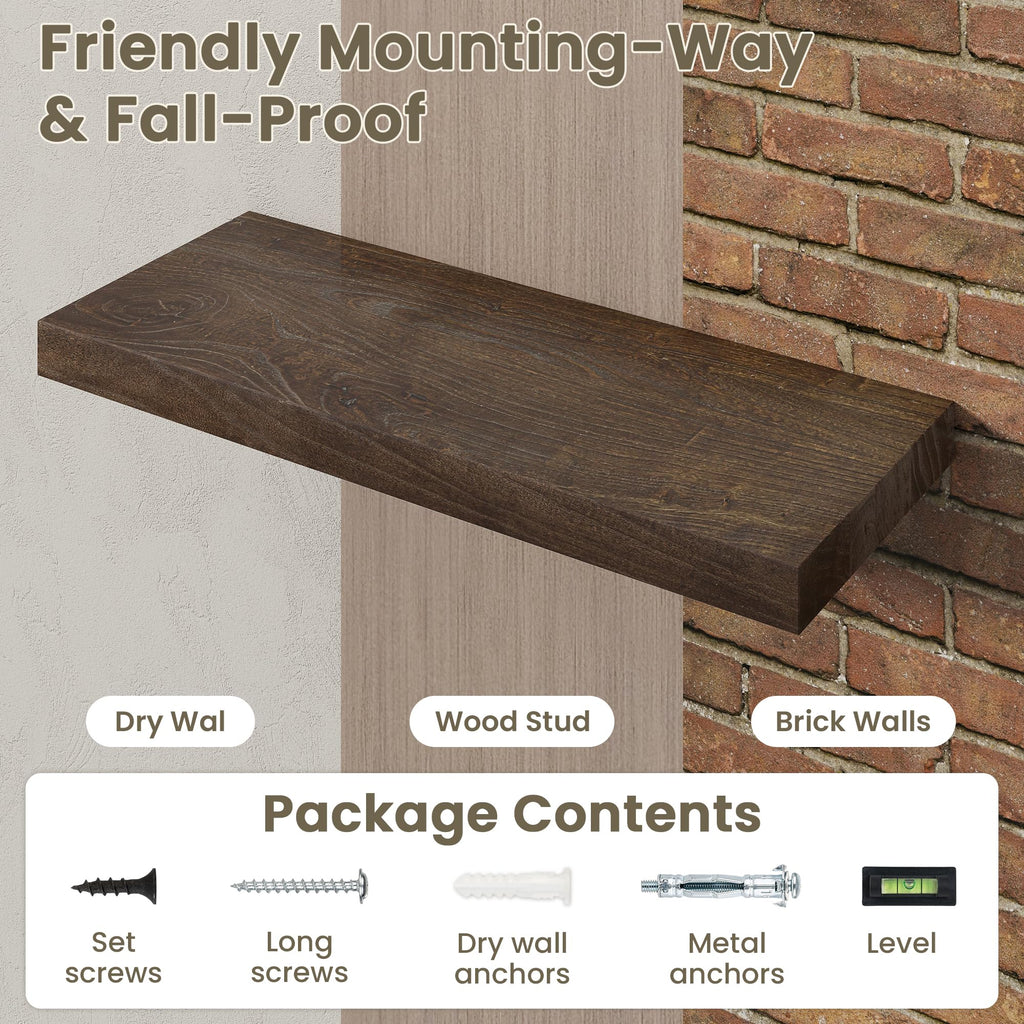 Solid Elm Wood Floating Shelves for Wall, 20 x 8 Inch Modern Rustic Wall Shelves Set of 2 with Invisible Brackets