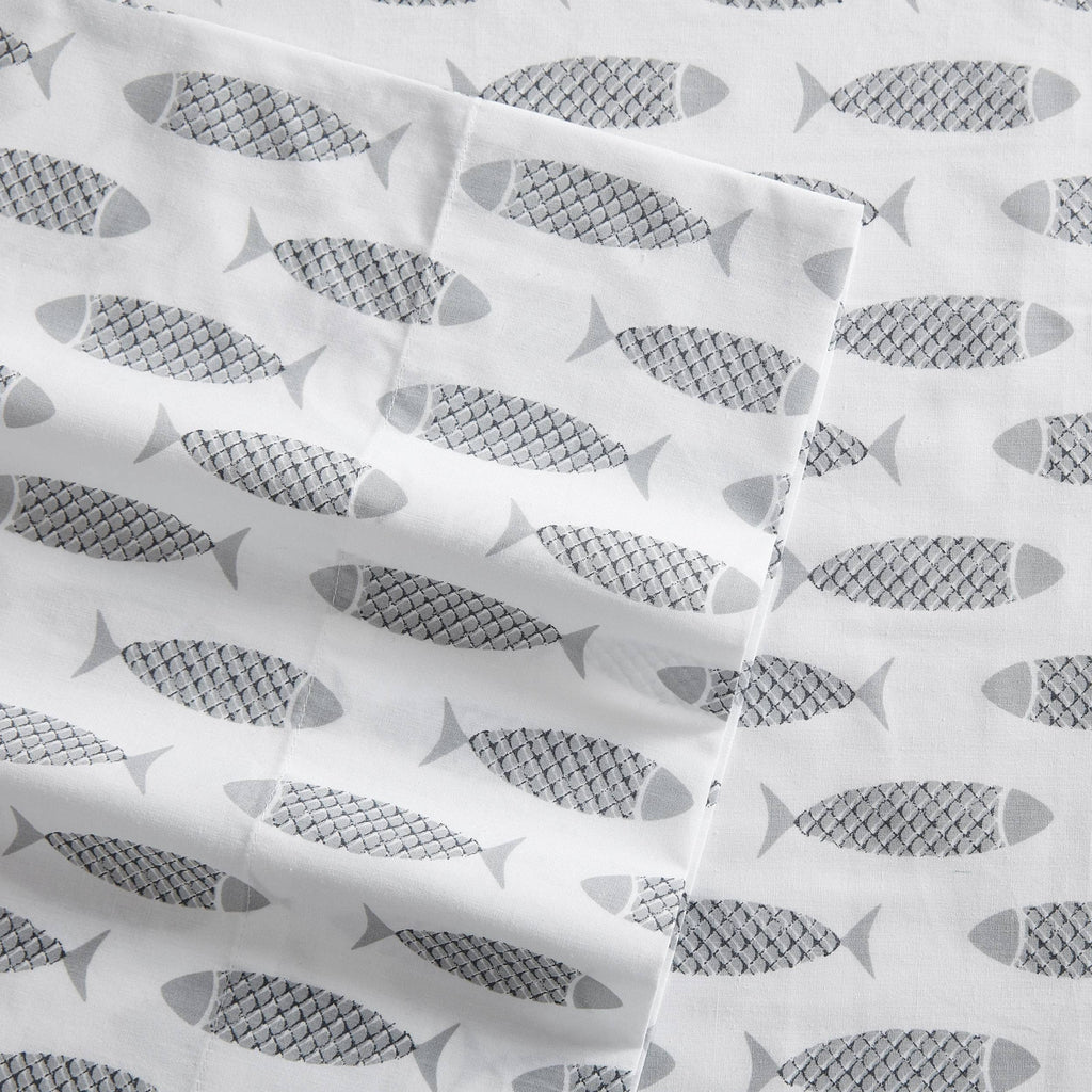 Queen Sheets, Cotton Percale Bedding Set, Crisp & Cool, Coastal Home Decor (Woodblock Fish Grey, Queen)