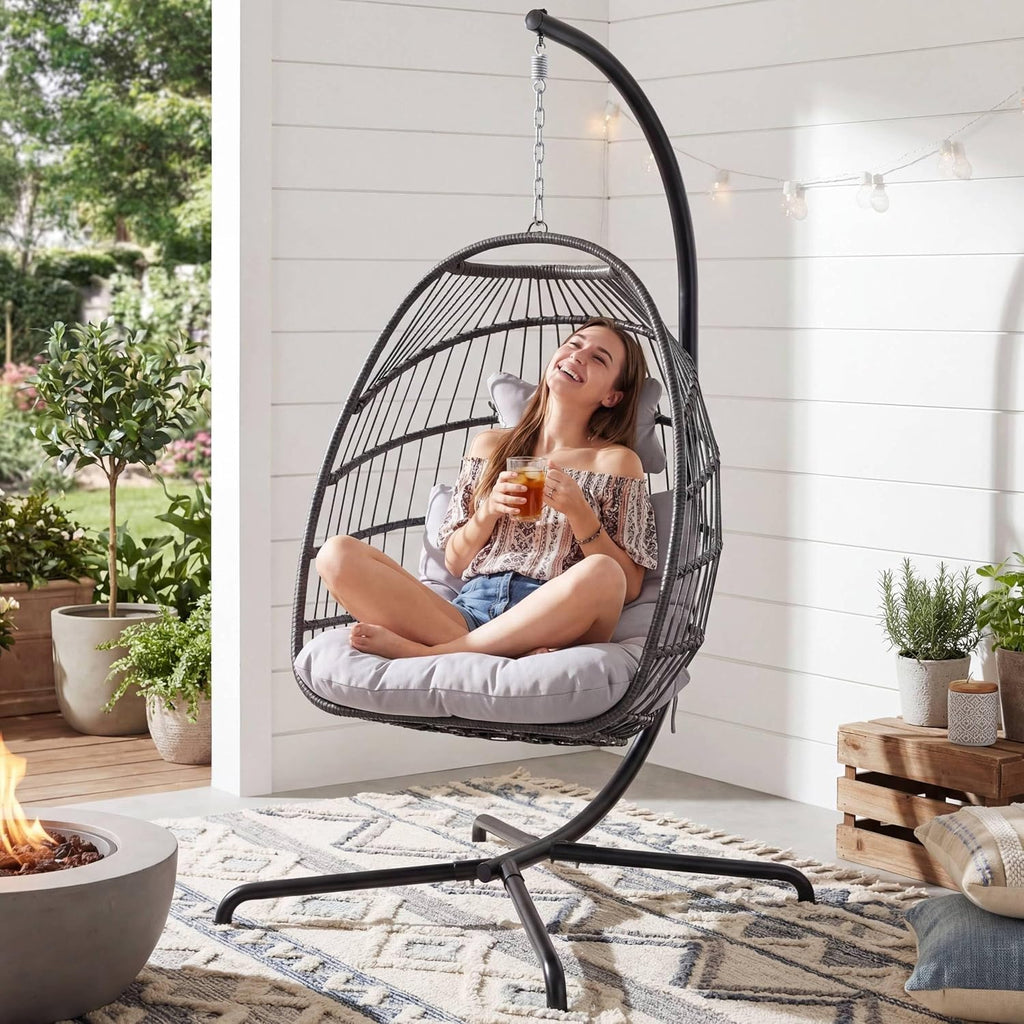 Outdoor Egg Chair with Stand, Wicker , Light Grey | 350 lbs Heavy Duty, Wicker Rattan Hanging Hammock Chair, Single