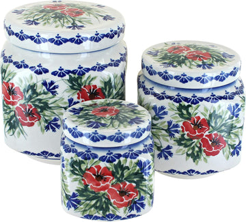 Blue Rose Polish Pottery - Cherry Red Bouquet Canister Set - 3 Canisters - Hand-Painted Polish Pottery - Set of 3