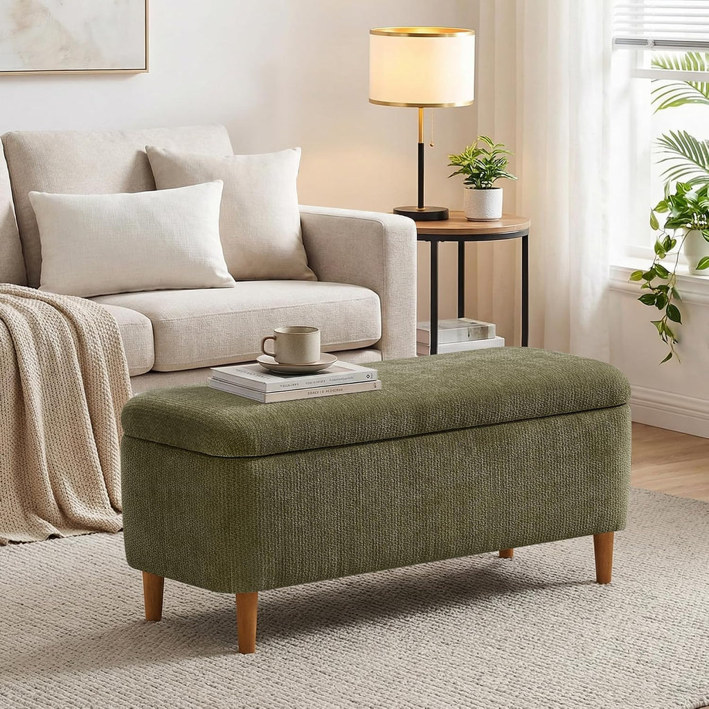 39.4" Ottoman with Storage Upholstered Storage Bench | Modern Fabric End of Bed Bench Footstool with Wooden Legs