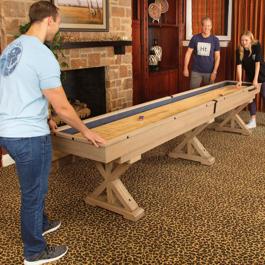 12/14 FT Solid Wood Shuffleboard Table, Comes in 2 6/7' Pieces Goes Around Stairs & Hallways