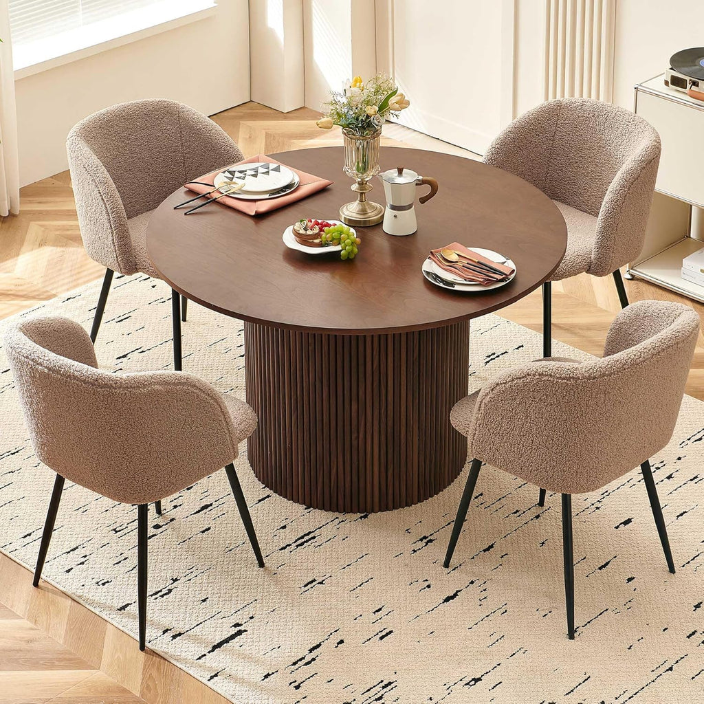 47 Inch Round Dining Table with Walnut Veneer, Rustic Farmhouse Style Kitchen Dinner Table for 4 - 6 People, MDF Core