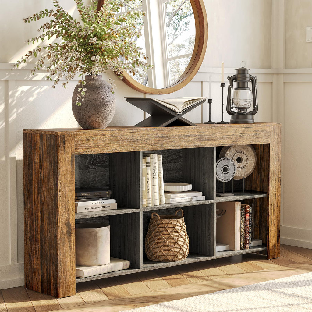 Console Table with Storage, 63-Inch Narrow Long Sofa Table, Entryway Table with 6 Cubes, Farmhouse Storage Shelves