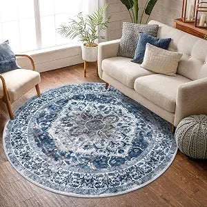 Round Rug 6 Ft Rugs Washable Circle Rug Non Slip Round Living Room Rugs Printed Faux Wool Vintage Round Dining Room