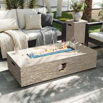 56-inch Outdoor Propane Gas Fire Pit Table 50000 BTU Concrete Rectangle FirePit for Outside Patio with Propane Tank