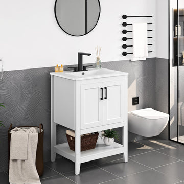 24" Modern Bathroom Vanity with Rectangular Ceramic Sink - Freestanding Vanity Cabinet
