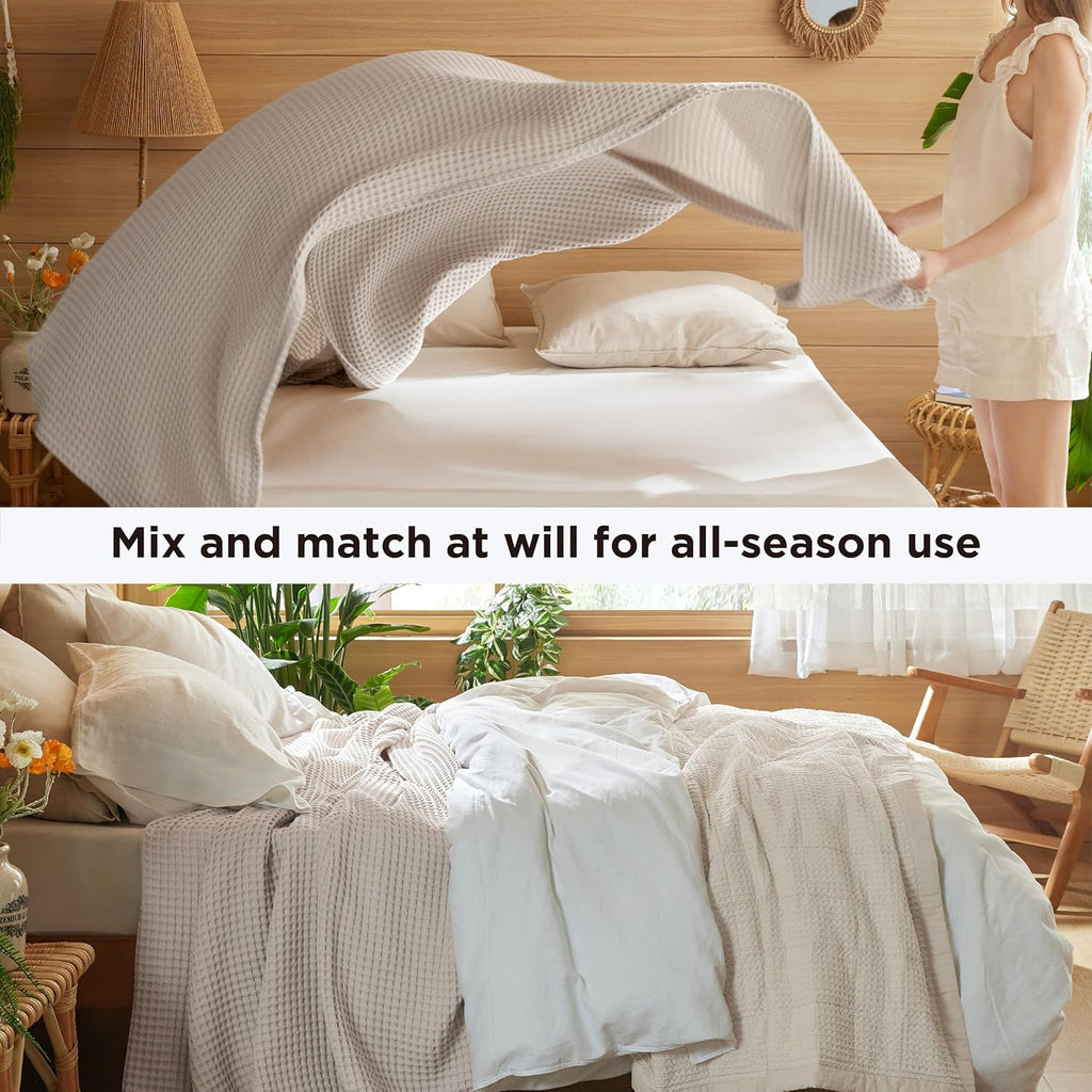 100% Cotton Throw Blanket for Summer, Ultra Soft Waffle Weave Linen Blanket, Thin Lightweight Breathable Bedding