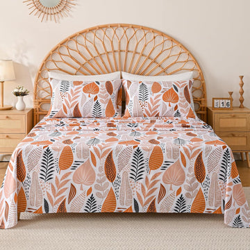 Boho Leaves Printed Sheet Set, Botanical Pattern Bed Sheets Microfiber Bedding Sheets & Pillowcases Soft 15"