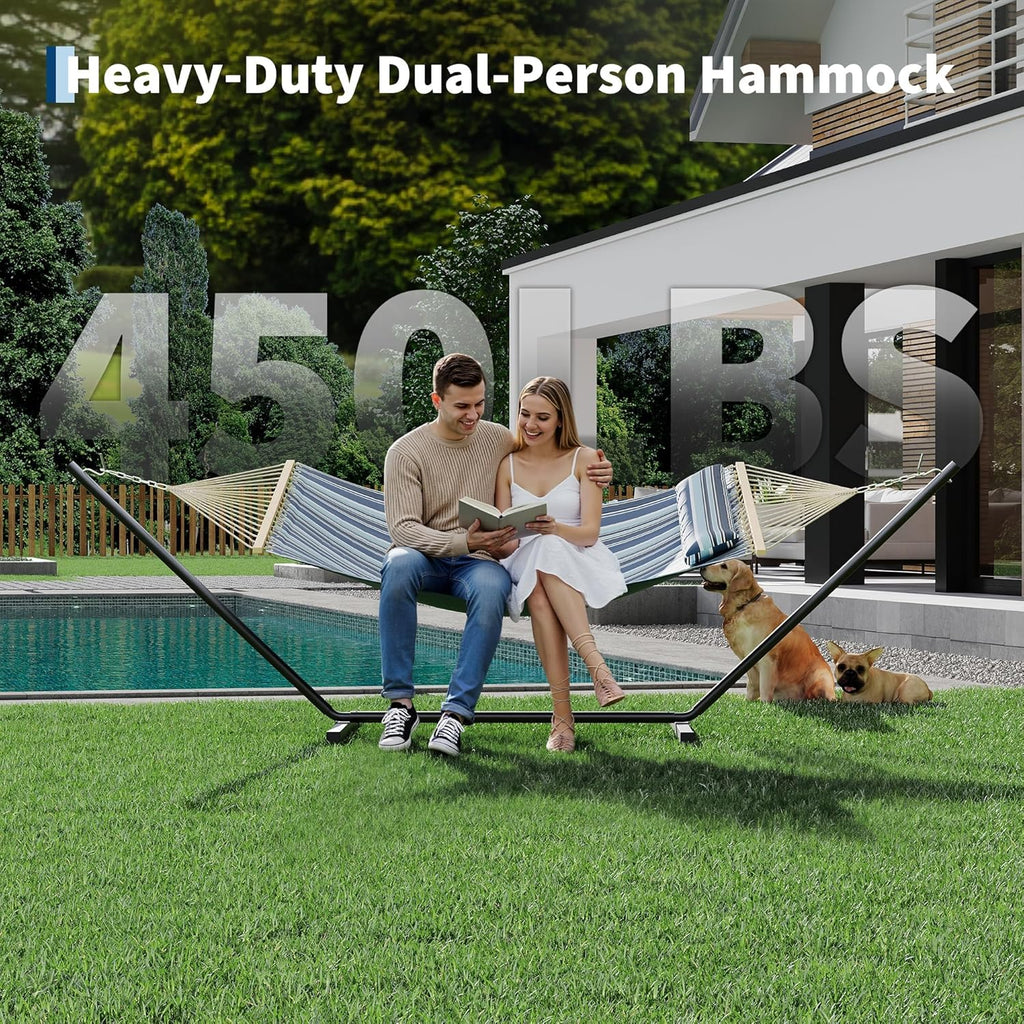 Double Hammock with Stand for Outdoor - Heavy Duty Portable 2 Person Hammock with Adjustable Steel Stand, 450 Lbs