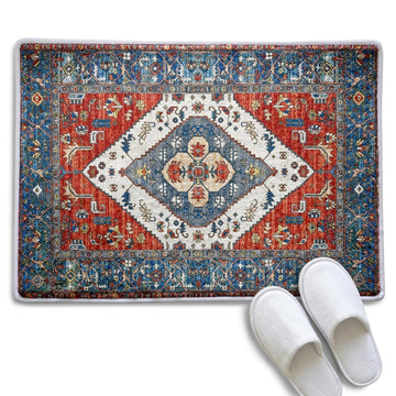 Blue Vintage Persian Pattern Bath Mat, Boho Oriental Floral Kitchen mat, Retro Oriental Floral Decoration Mat Rug for