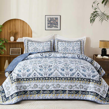Quilt Sets, Navy Blue Floral Quilt Set 3 Pieces Boho Bedspread Coverlet Set with 2 Pillowcases Soft