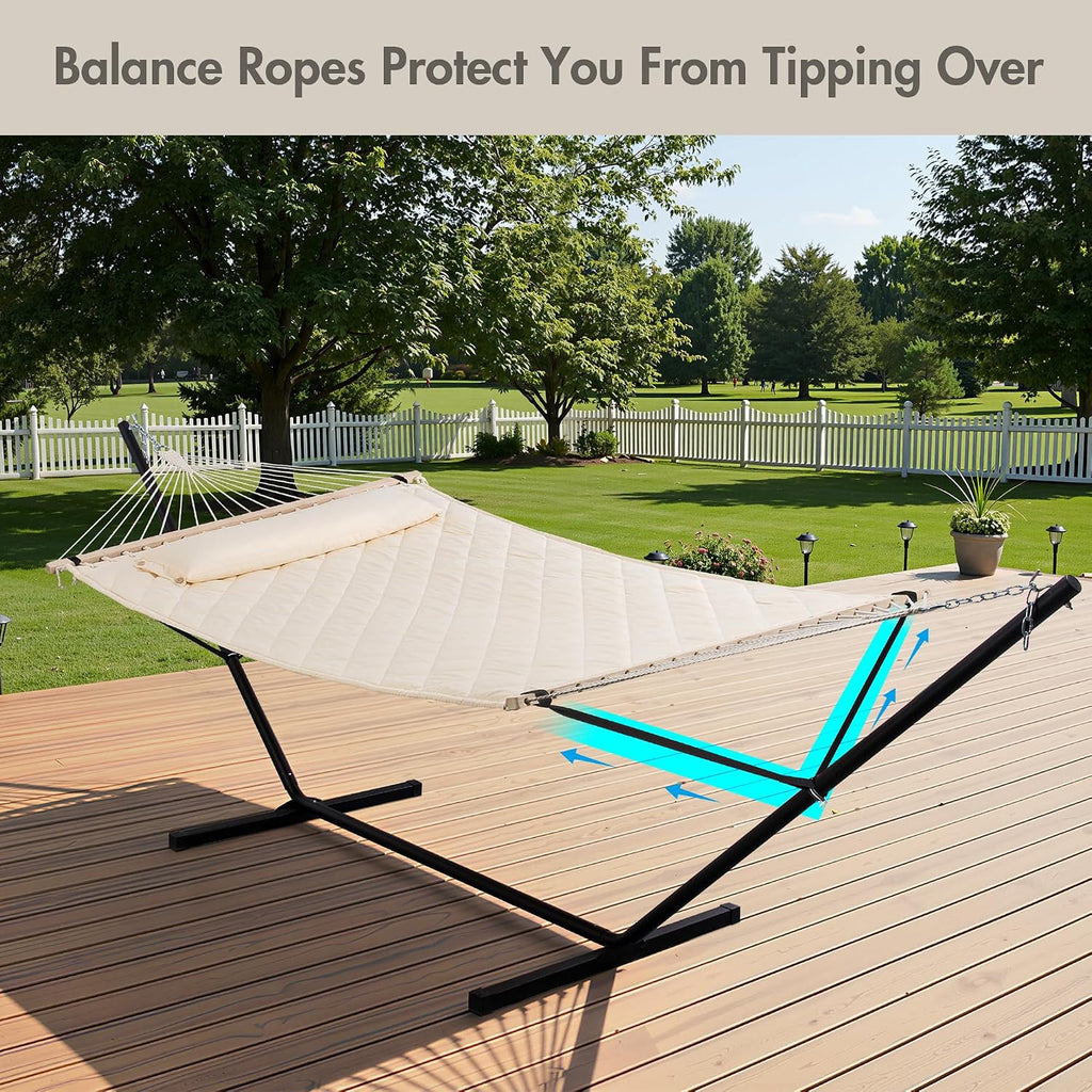 Outdoor Hammock Heavy Duty Hammock with 12 Feet Steel Stand, Cream | Two Person Hammock with Stand and Balance Ropes