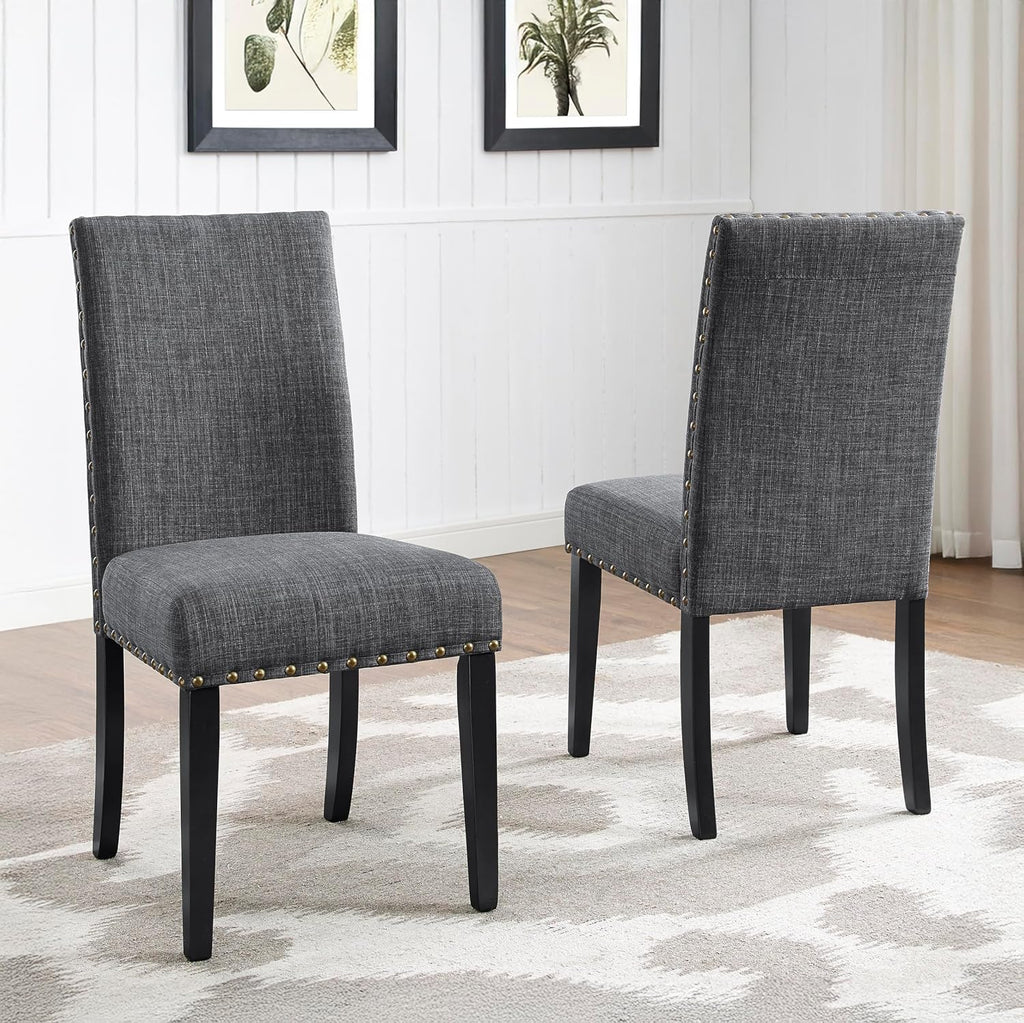Gray Fabric Dining Chairs with Nailhead Trim, Pack of 2