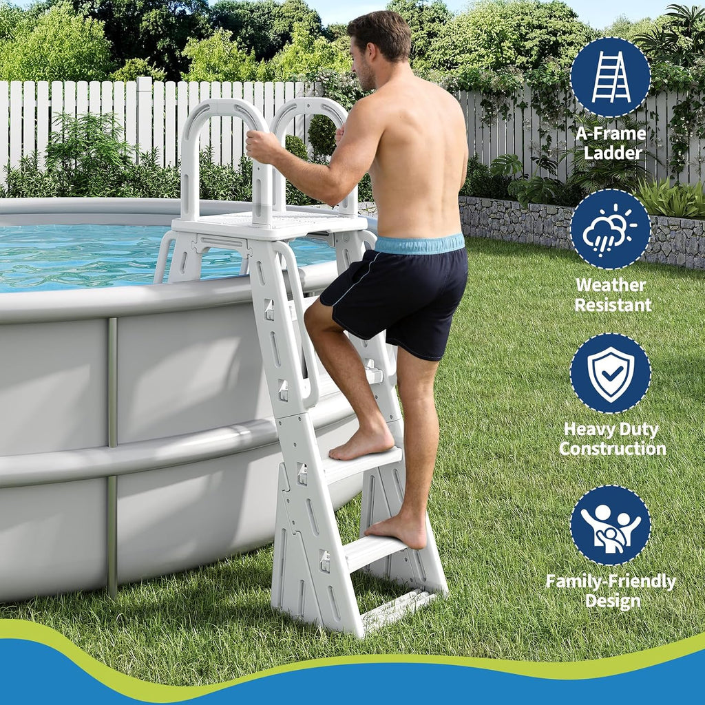A-Frame Above Ground Pool Ladder with Anti-Slip Steps, HDPE Material | Heavy Duty Swimming Pool Steps with Safety