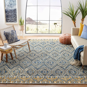 Aspen Collection Area Rug, Blue & Gold, Handmade Boho Wool, Ideal for High Traffic Areas in Living Room