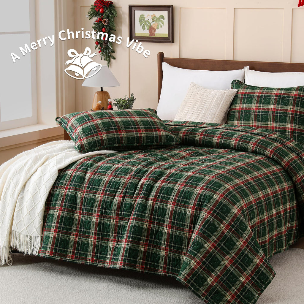 Christmas Plaid Quilt Bedding Set 100% Cotton, Twin 68"x86"
