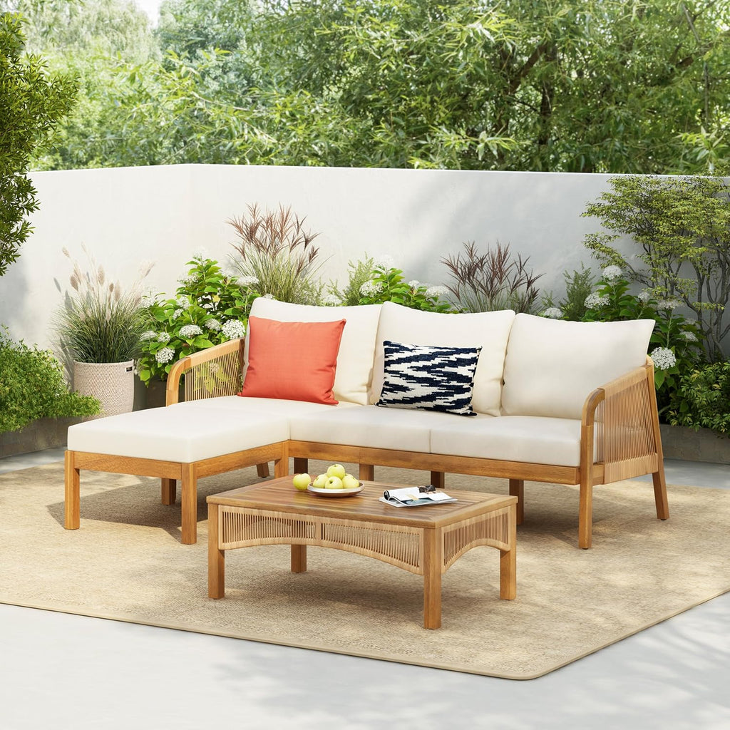 Havets 3 Pieces Acacia Wood Patio Furniture Set, Faux Rattan Sofa and Coffee Table, Outdoor Conversation Sets with 6"