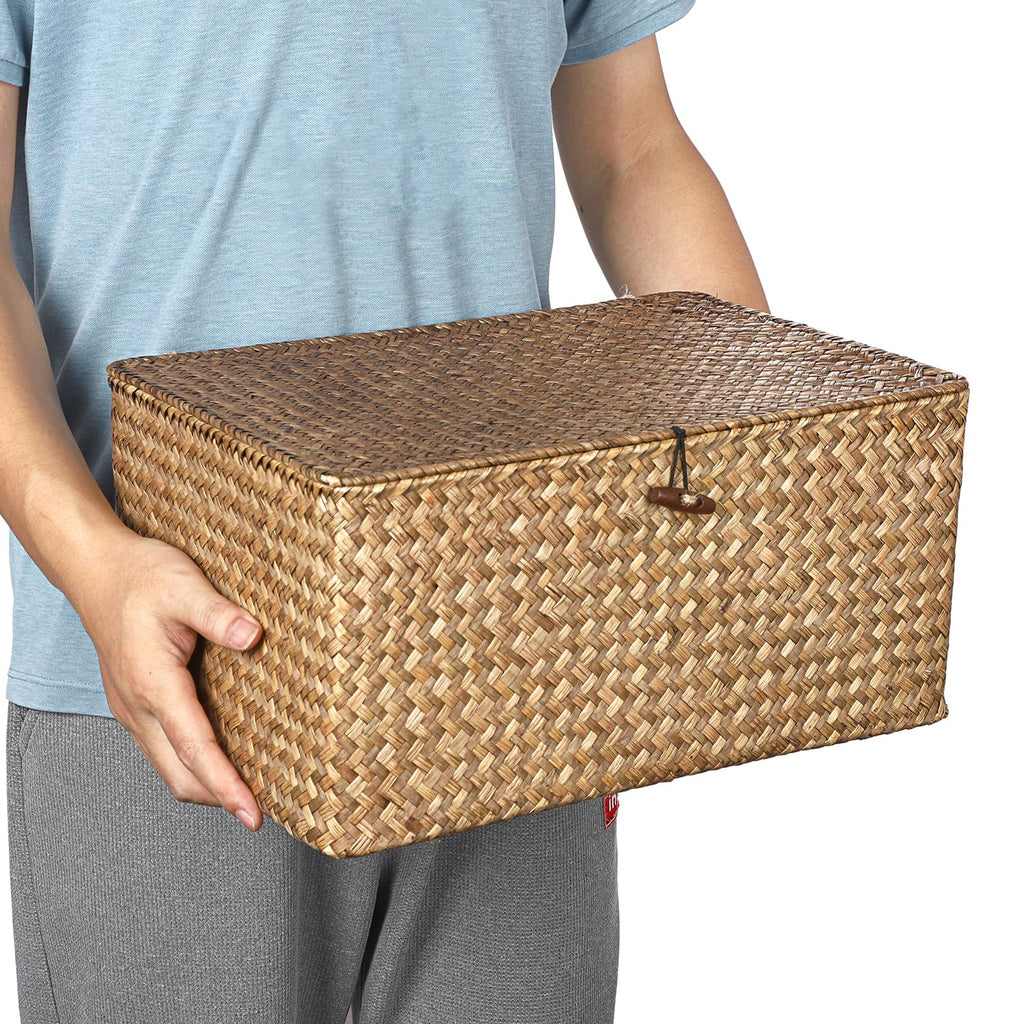 Wicker Shelf Baskets Bin with Lid Woven Storage Box, Coffee X-Large